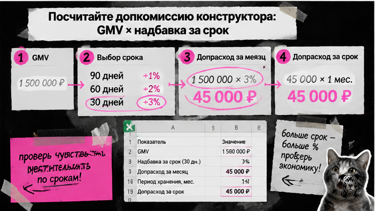 Схема расчёта допкомиссии конструктора тарифов WB: GMV умножить на надбавку за срок