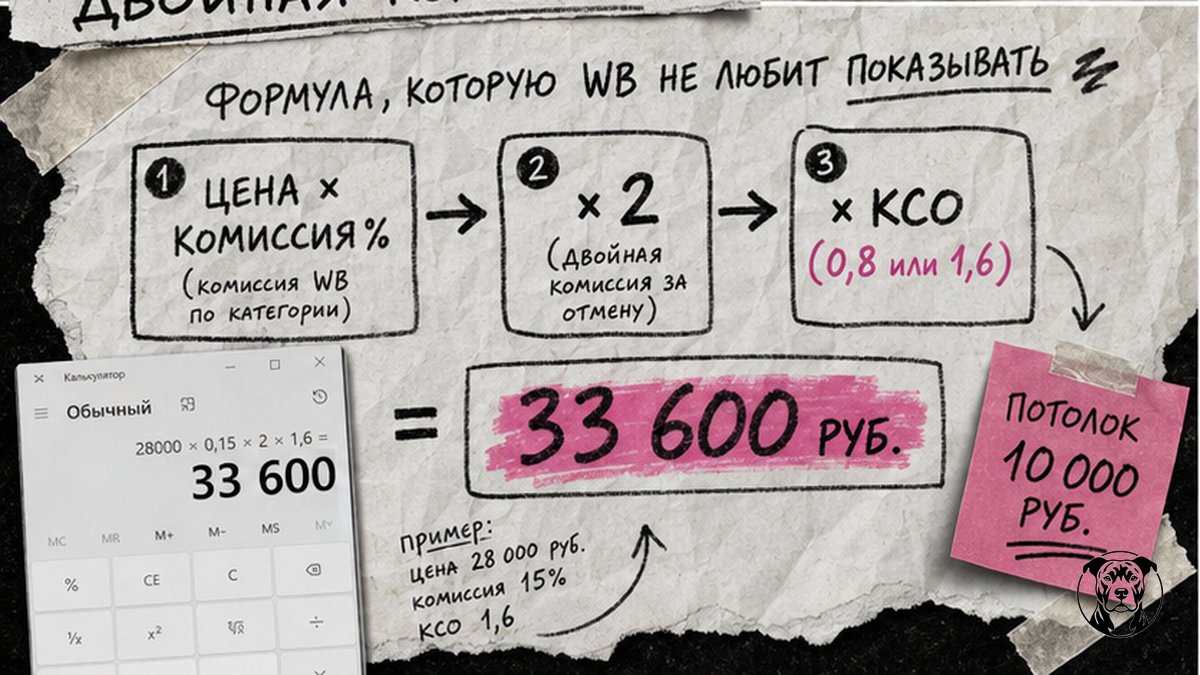 Схема формулы штрафа FBS на Wildberries: цена × комиссия × 2 × КСО с примером 33 600 руб.
