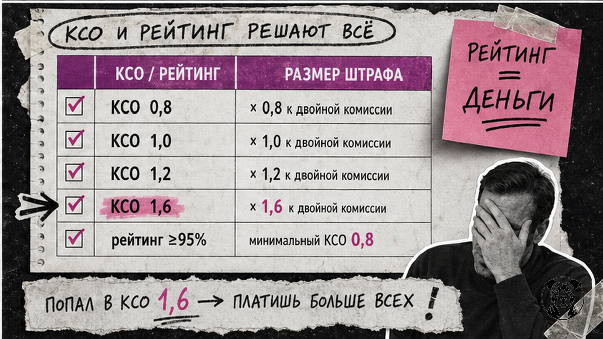 Таблица КСО Wildberries: коэффициент отмены 0,8–1,6 и итоговый размер штрафа FBS