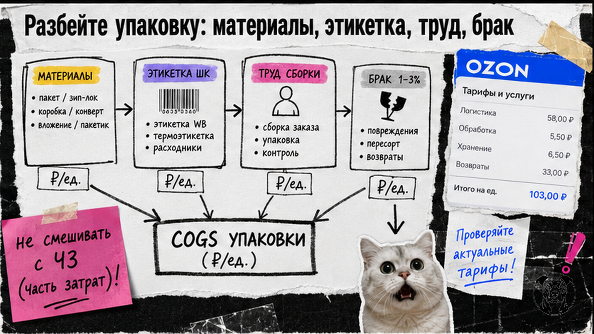 Схема разбивки упаковки на материалы, этикетку, труд и брак