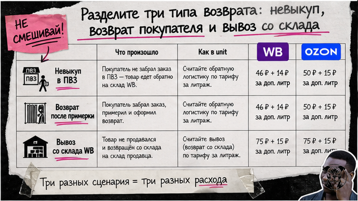 Таблица трёх типов возврата: невыкуп, возврат покупателя и вывоз со склада WB