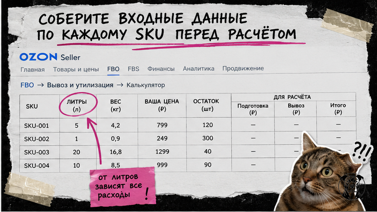 Таблица входных данных SKU для расчёта вывоза Ozon FBO: литры, вес, цена