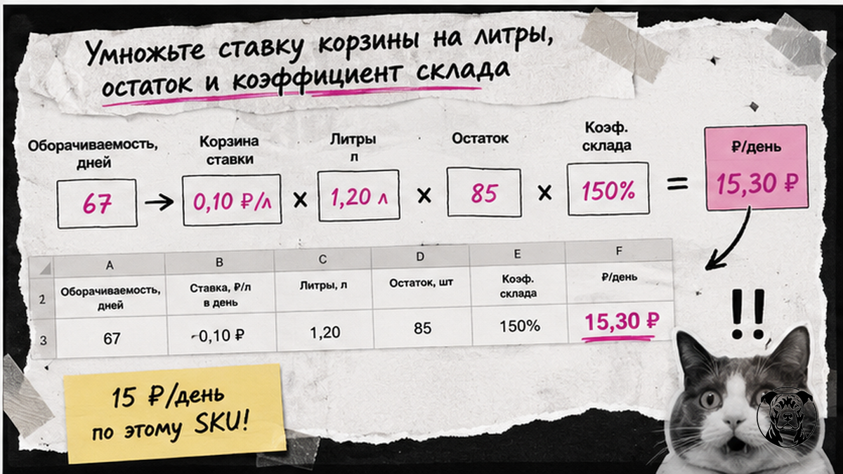 Схема расчёта: ставка корзины × литры × остаток × коэффициент склада WB