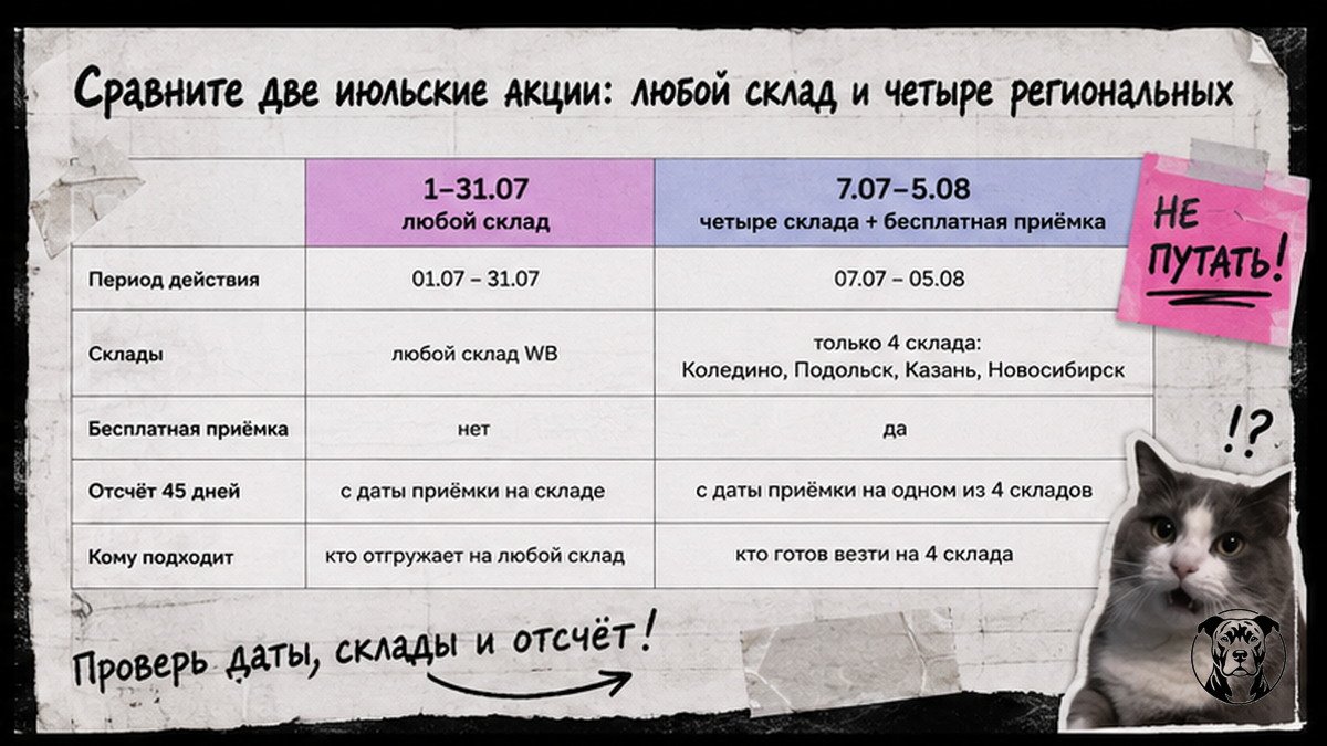Таблица сравнения двух июльских акций бесплатного хранения Wildberries 2026