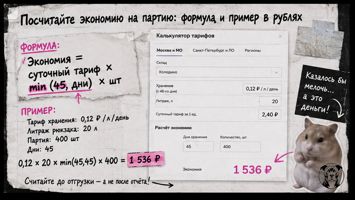 Инфографика формулы экономии бесплатного хранения WB с примером в рублях