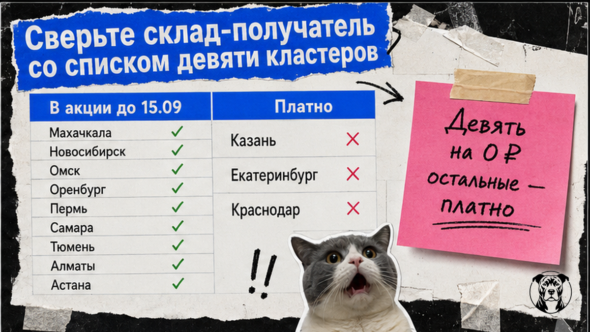 Таблица сравнения: девять кластеров Ozon с бесплатным кросс-докингом до 15.09 и склады вне акции