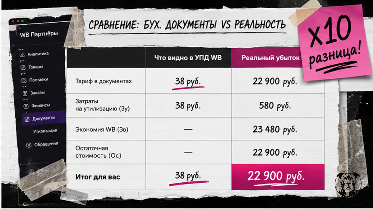 Сравнение: что WB показывает в УПД (38 руб.) vs реальный убыток от утилизации брака (в 10-100 раз больше)