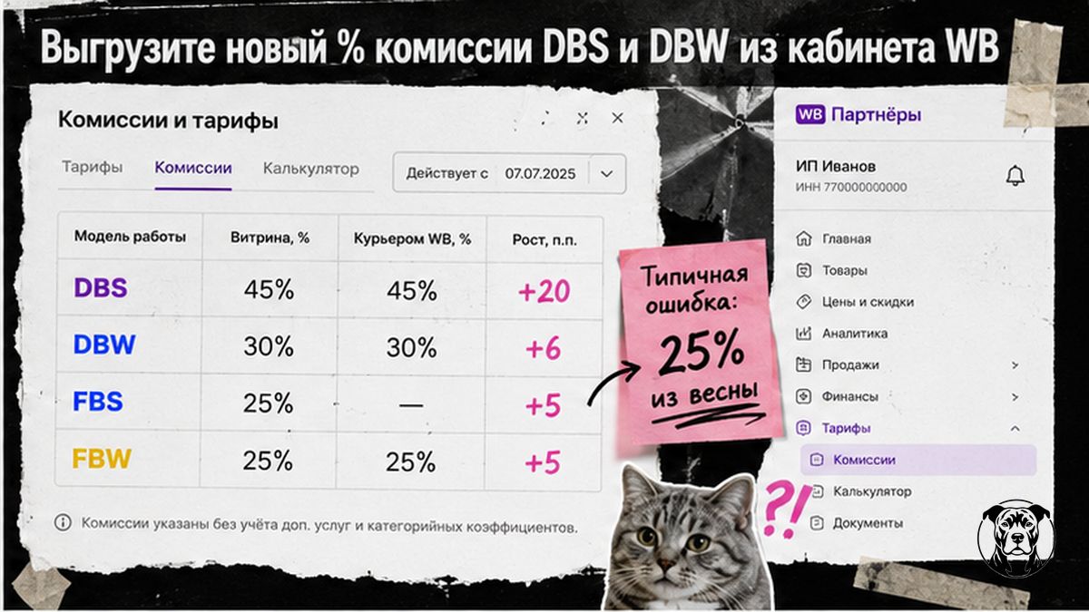 Таблица комиссий DBS, DBW, FBS, FBW после 7 июля 2026 — выгрузка из кабинета WB