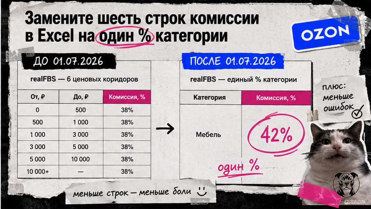 Таблица сравнения: шесть коридоров комиссии realFBS до июля и единый % категории с 01.07.2026