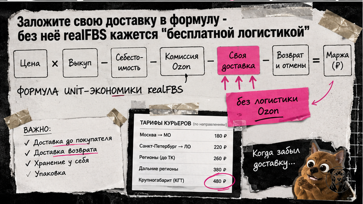 Схема формулы прибыли realFBS: своя доставка, комиссия и выкуп без логистики Ozon