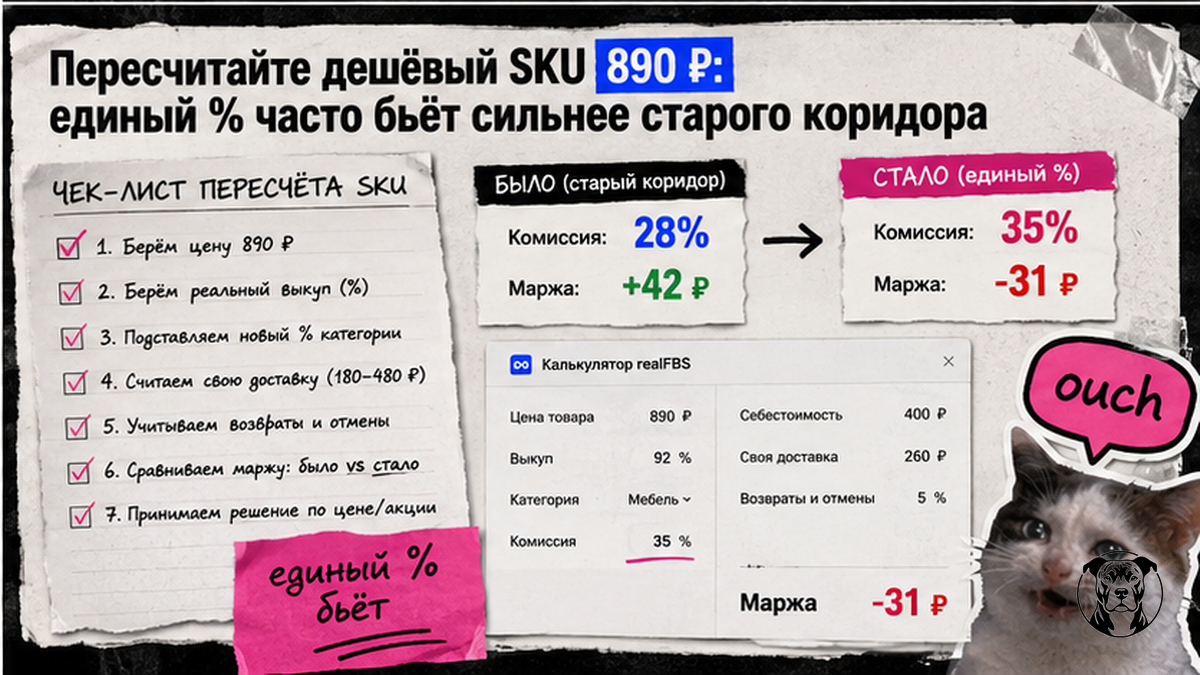 Чеклист пересчёта дешёвого SKU 890 ₽: единый % realFBS и падение маржи