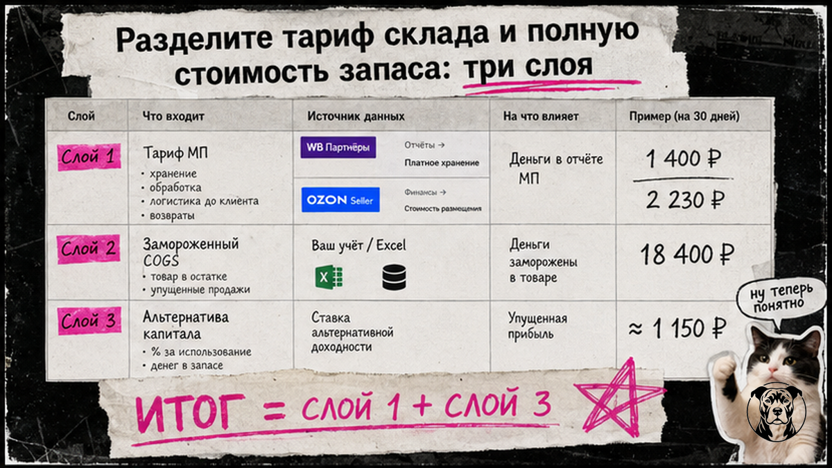 Таблица три слоя carrying cost: тариф МП, COGS, альтернатива капитала