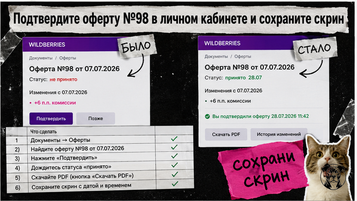 Сравнение статусов акцепта оферты №98 в ЛК Wildberries: до и после подтверждения