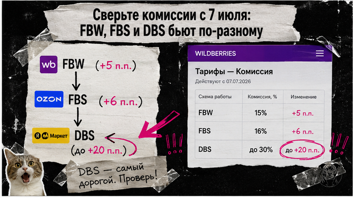 Workflow сравнения роста комиссий FBW, FBS и DBS Wildberries с 7 июля 2026
