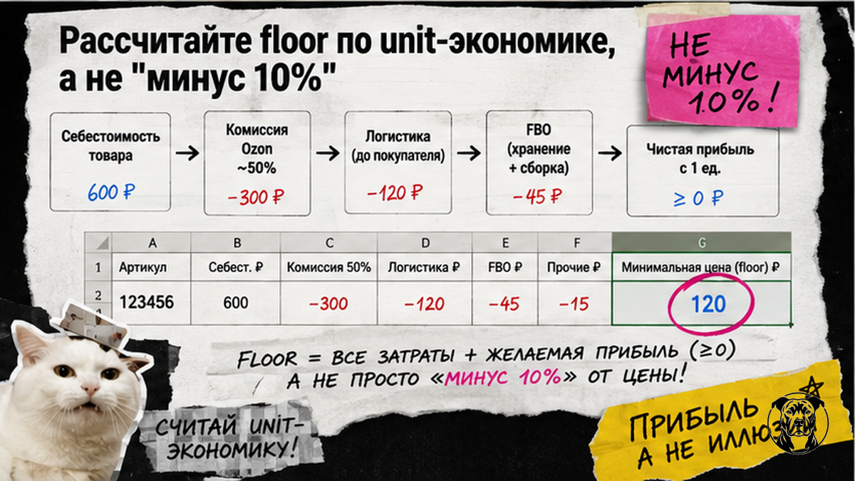 Workflow расчёта минимальной цены floor по unit-экономике Ozon