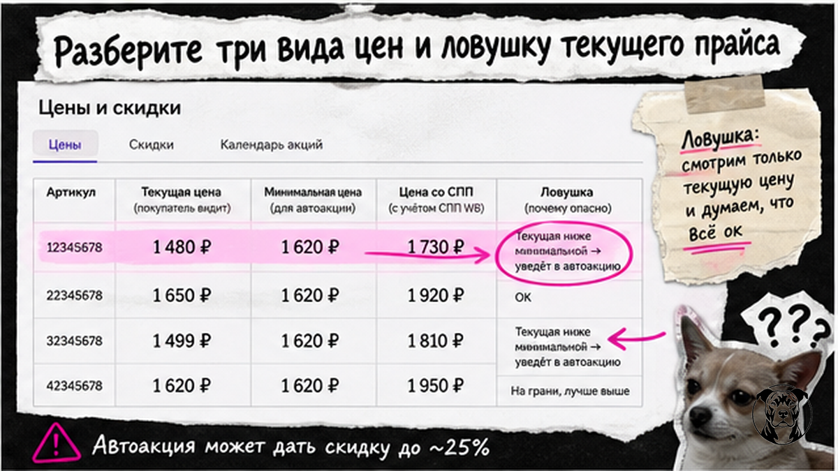 Таблица трёх видов цен Wildberries и ловушка текущего прайса ниже минимума