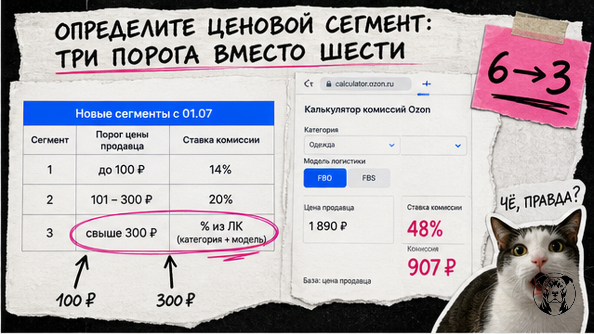 Таблица трёх ценовых сегментов комиссии Ozon с 01.07.2026: 14%, 20% и ставка категории