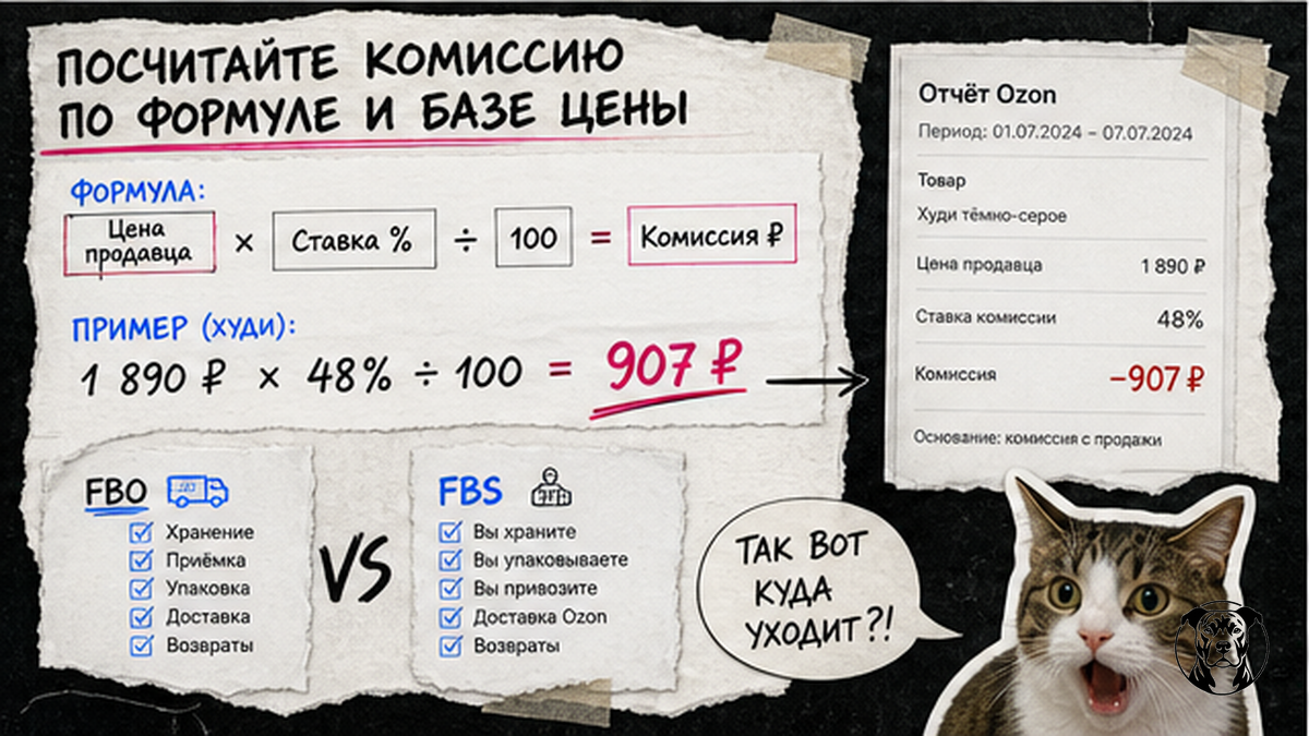 Схема расчёта комиссии Ozon: формула, база цены продавца и пример в рублях