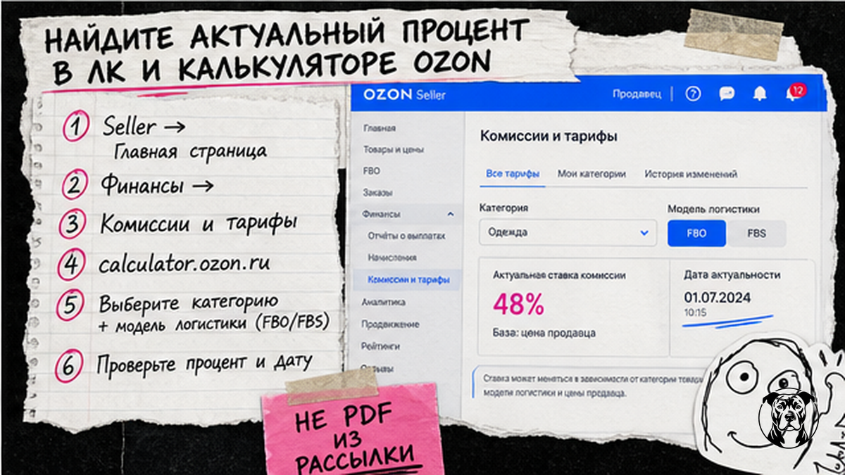 Чеклист поиска актуальной ставки комиссии в ЛК Ozon Seller и калькуляторе