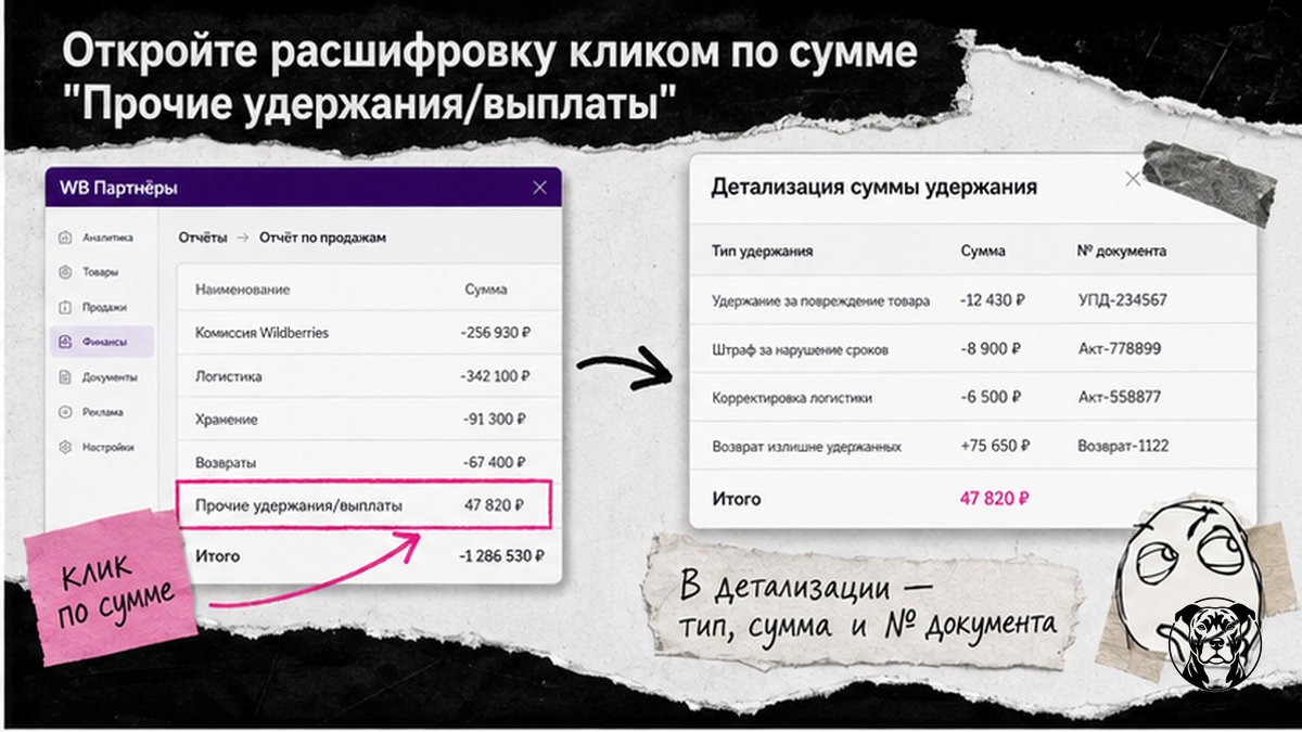 Сравнение: строка «Прочие удержания» в сводке WB и окно детализации по клику