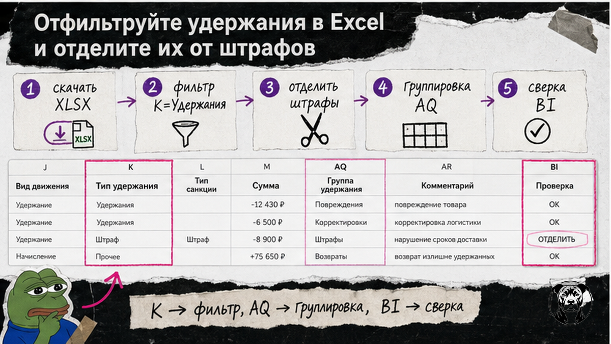 Схема фильтрации удержаний в Excel: столбцы K, AQ и BI