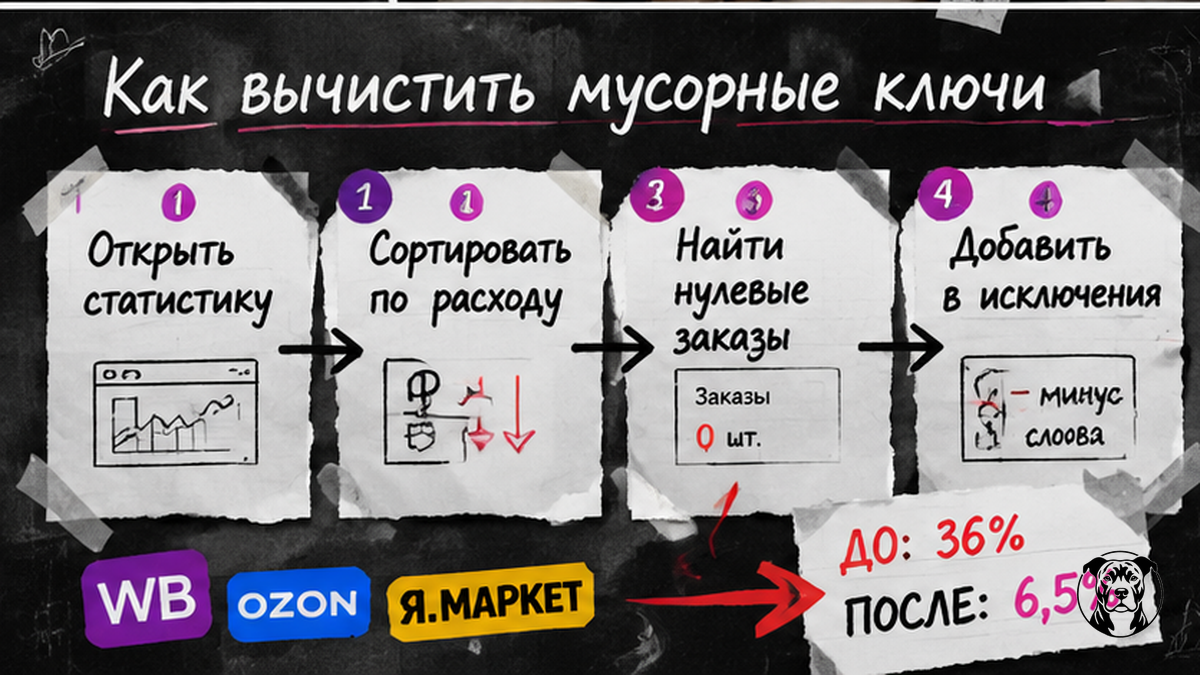 Схема 4 шагов поиска мусорных запросов в кабинете WB и Ozon