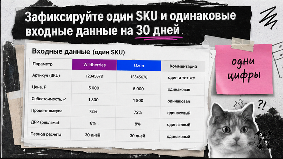 Таблица входных данных одного SKU для сравнения WB и Ozon