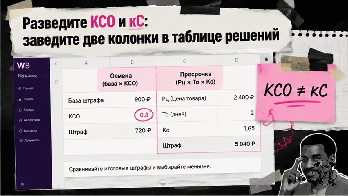 Таблица сравнения КСО и кС: две колонки отмена vs просрочка FBS Wildberries