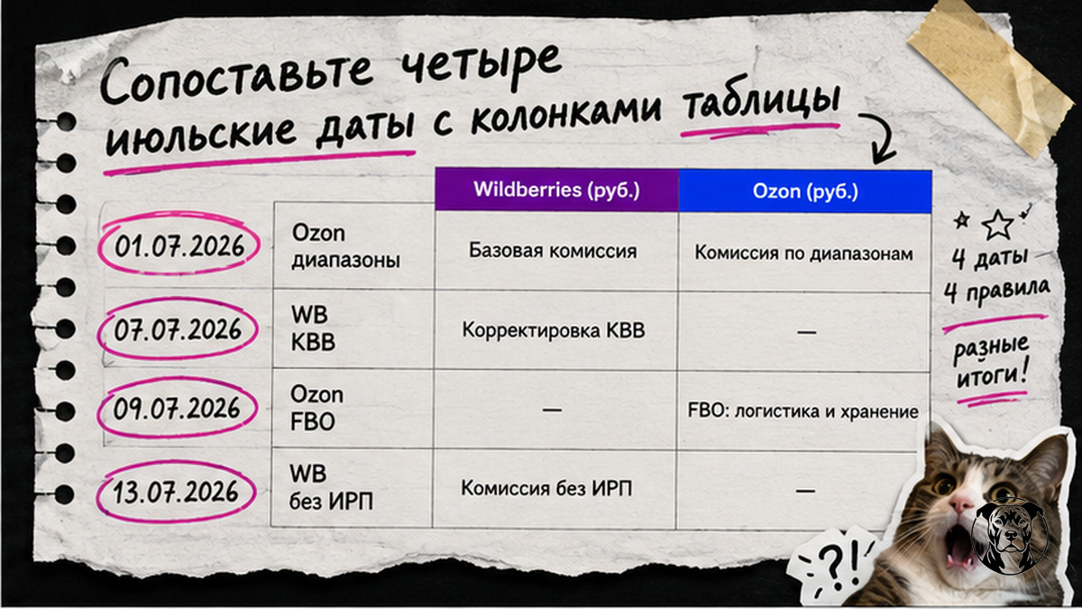 Таблица июльских дат тарифов WB и Ozon для сравнения unit-экономики