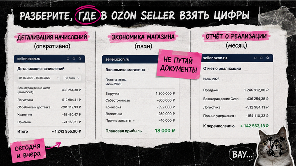 Инфографика: где в Ozon Seller взять детализацию, unit-экономику и отчёт о реализации