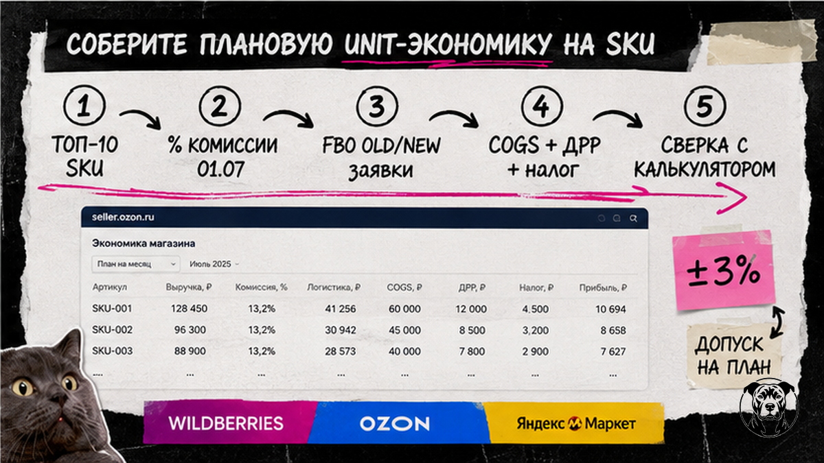 Схема шагов сборки плановой unit-экономики Ozon на SKU после июльских тарифов