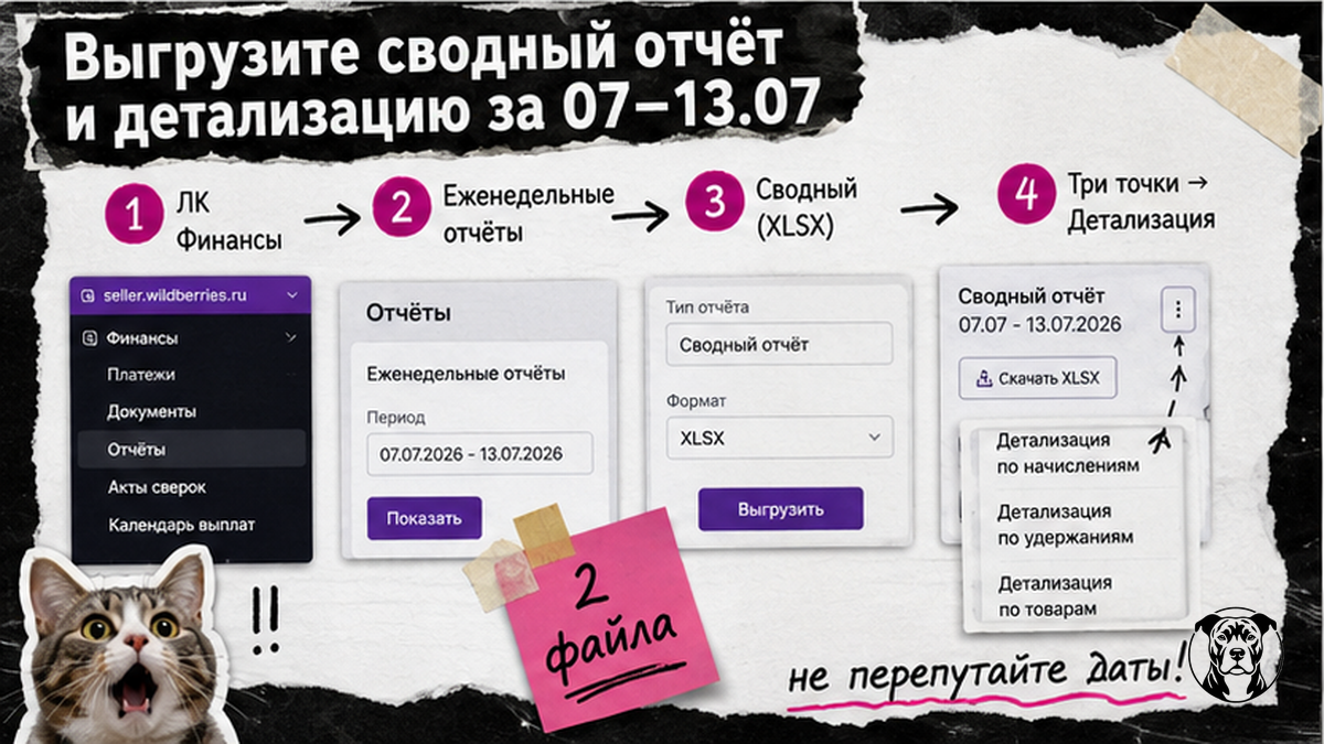 Схема: как выгрузить сводный отчёт и детализацию WB за 07–13.07