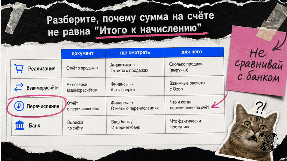 Таблица: реализация vs перечисления vs банк — почему суммы не совпадают