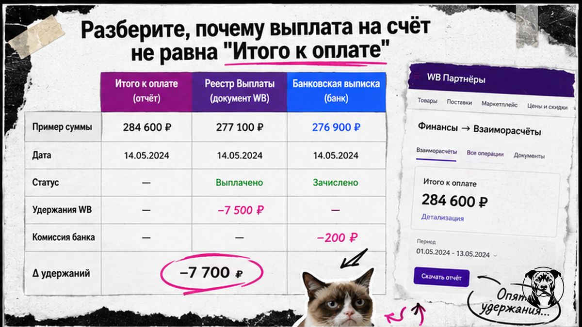 Таблица: почему выплата на счёт не равна «Итого к оплате» — отчёт, реестр и банк