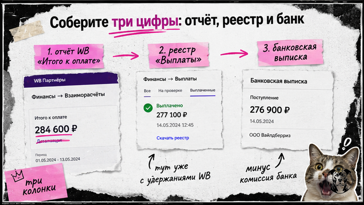 Инфографика: три цифры сверки — отчёт Wildberries, реестр выплат и банковская выписка