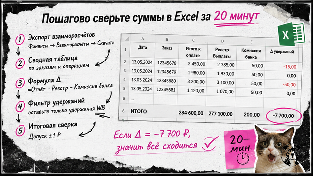Схема пошаговой сверки сумм выплаты WB в Excel за 20 минут