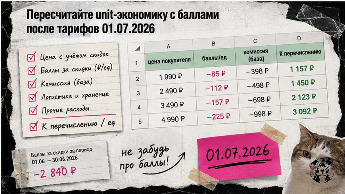 Чеклист пересчёта unit-экономики Ozon с колонкой баллы/ед после тарифов июля 2026