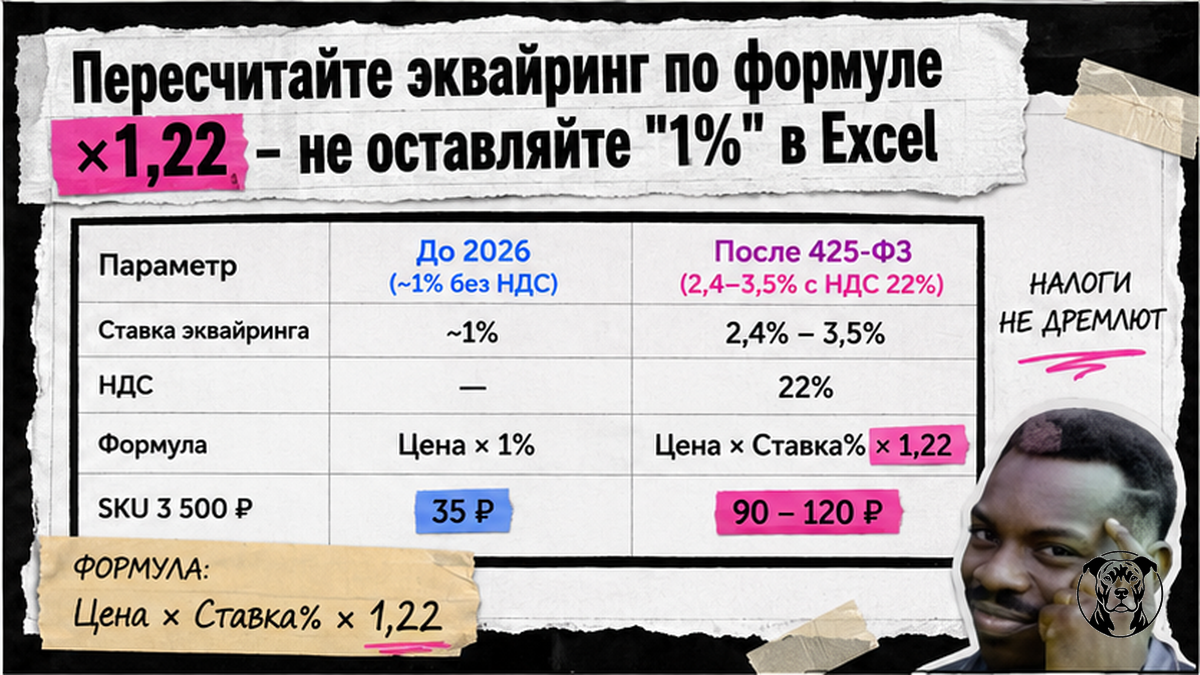Таблица: эквайринг до и после НДС 22%, формула ×1,22 для unit-экономики