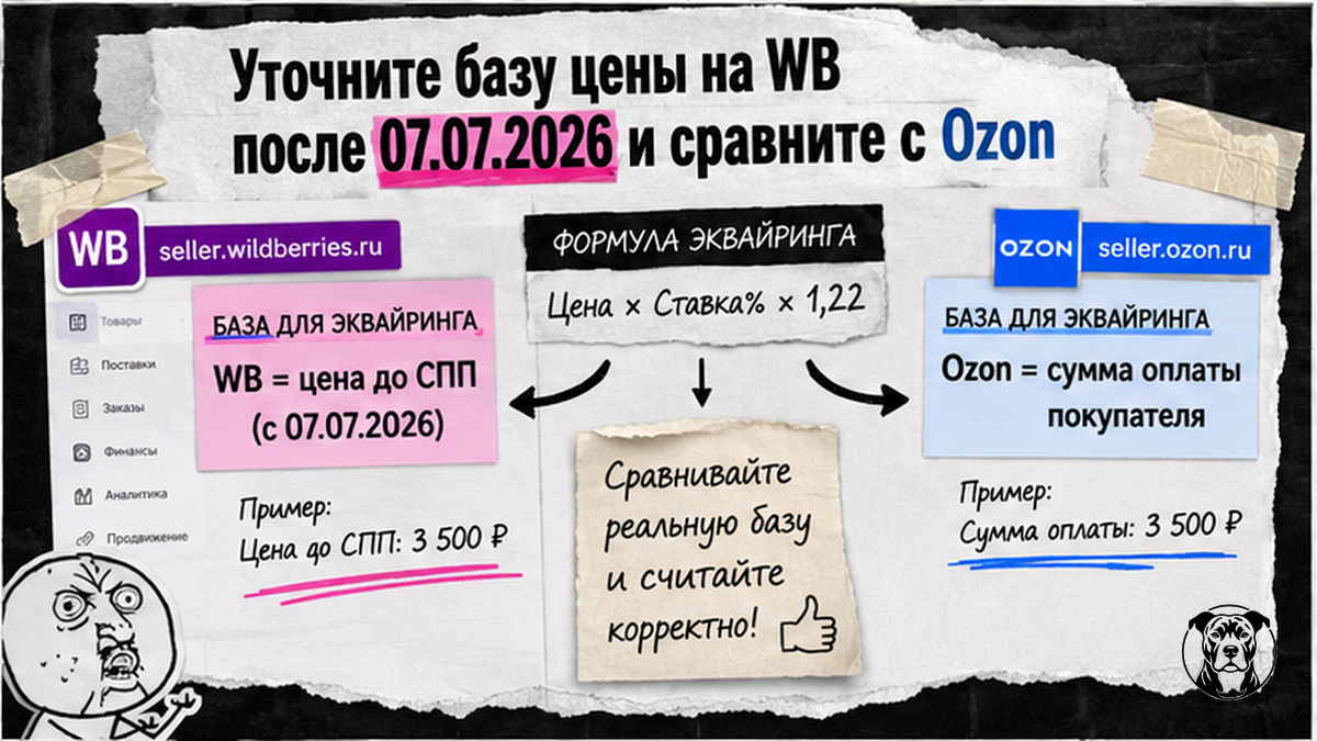 Схема базы цены для эквайринга: WB до СПП vs Ozon по факту оплаты