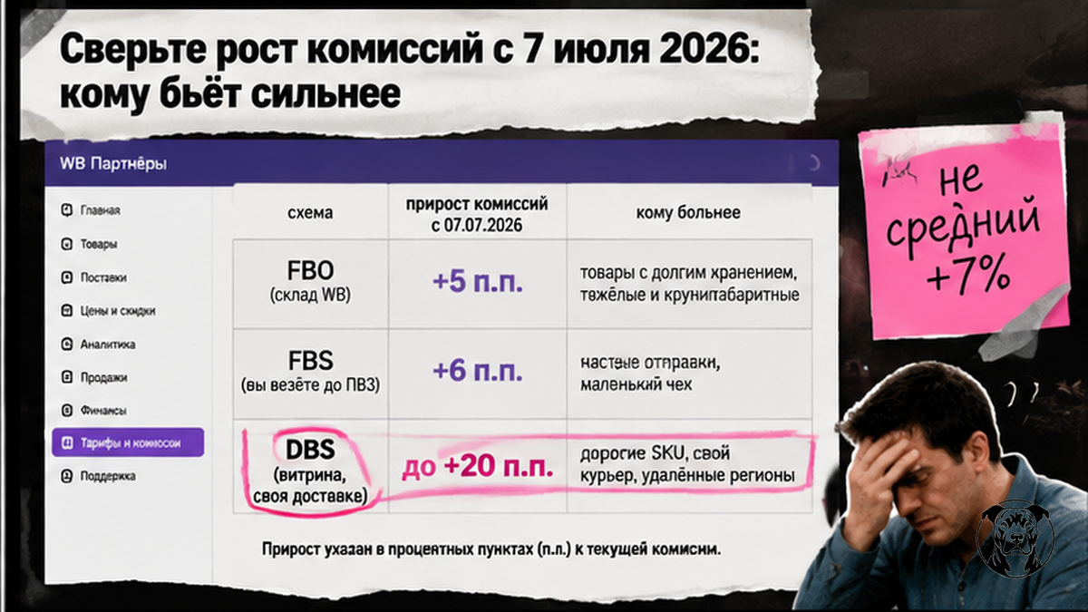 Таблица сравнения роста комиссий FBO, FBS и DBS на Wildberries с 7 июля 2026