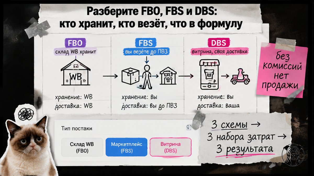 Workflow-схема: кто хранит и кто везёт при FBO, FBS и DBS на Wildberries