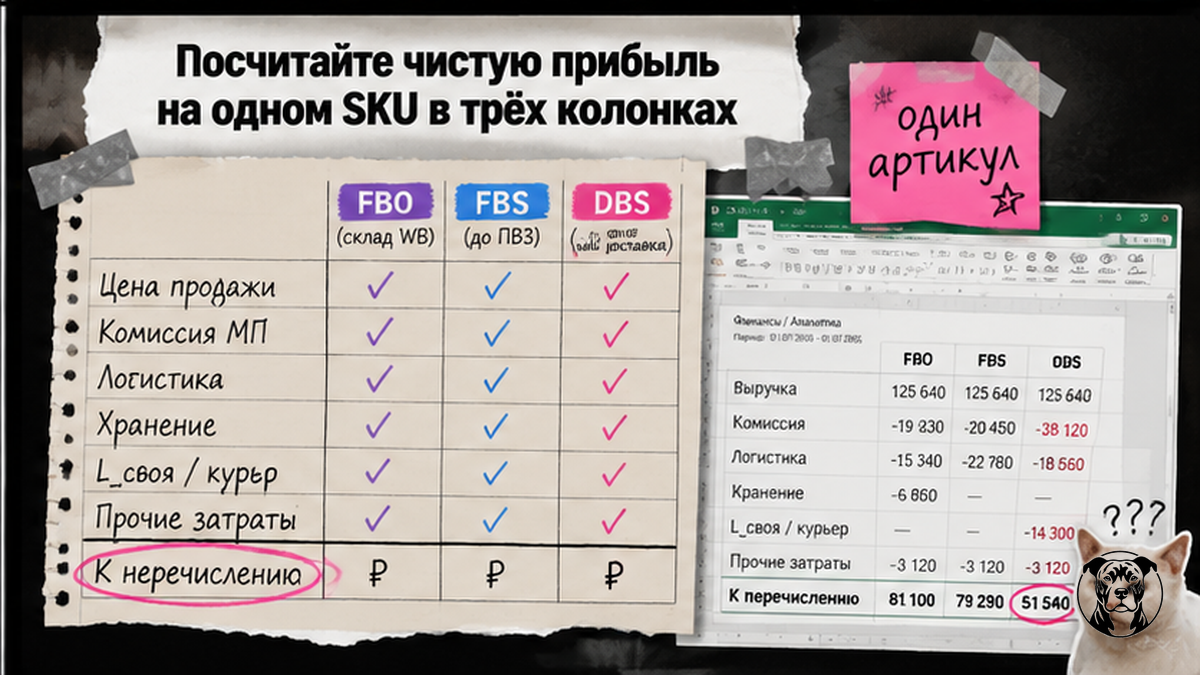 Чеклист расчёта чистой прибыли на одном SKU в трёх колонках FBO, FBS и DBS