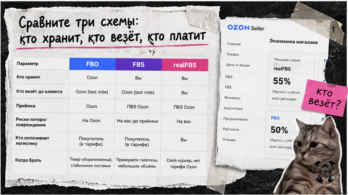Таблица сравнения схем FBO FBS realFBS на Ozon: хранение, доставка, риски