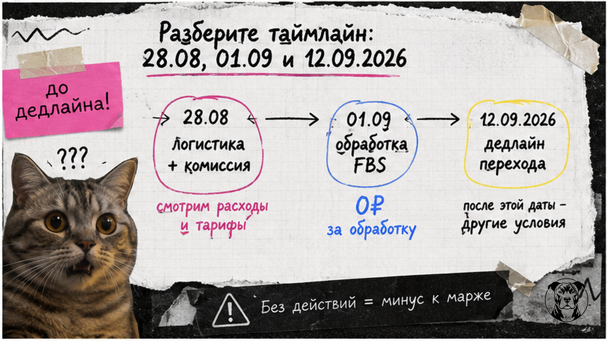 Схема таймлайна тарифов Ozon: 28 августа, 1 и 12 сентября 2026