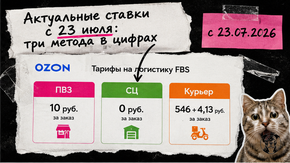 Инфографика: тарифы FBS Ozon с 23 июля 2026 — ПВЗ 10 руб., СЦ 0 руб., курьер 546 руб.