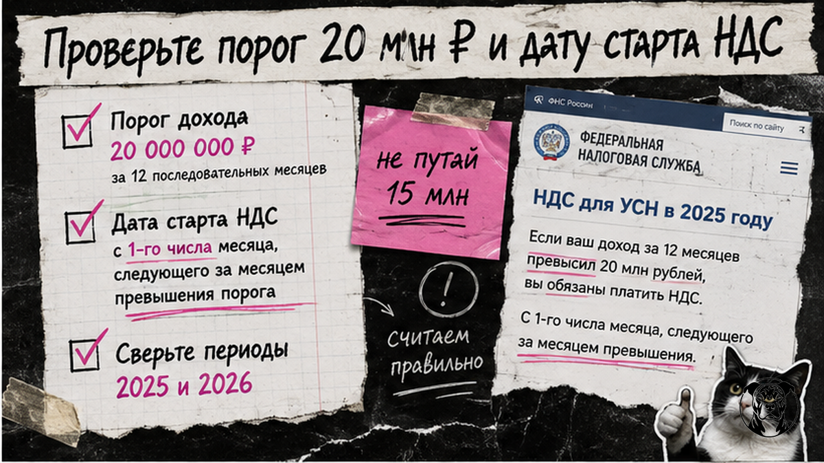 Чеклист проверки порога 20 млн ₽ и даты старта НДС на УСН для селлера WB/Ozon