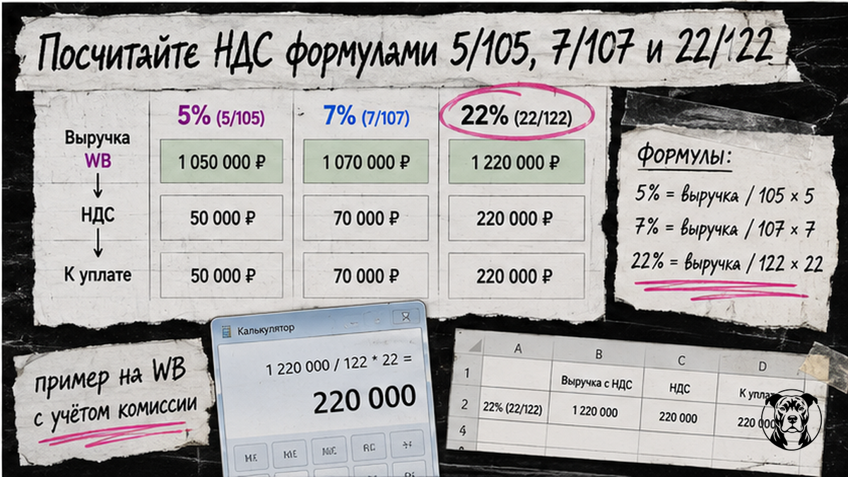 Схема расчёта НДС по формулам 5/105, 7/107 и 22/122 для селлера маркетплейса