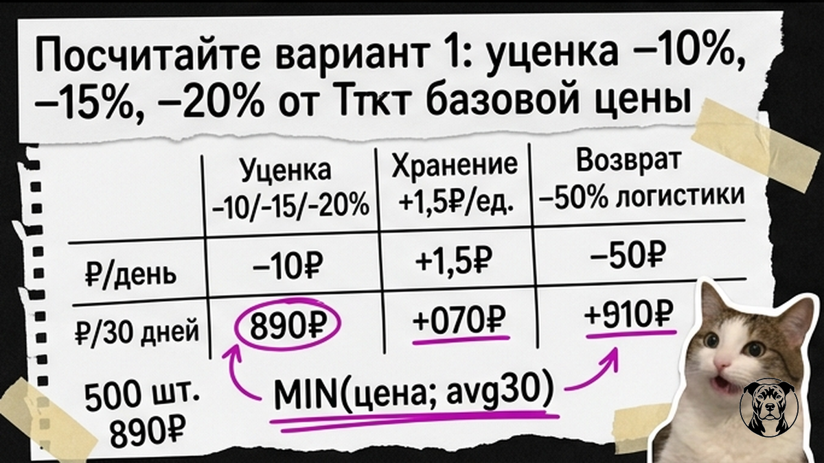 Таблица сравнения трёх вариантов WB при низком индексе остатка в рублях