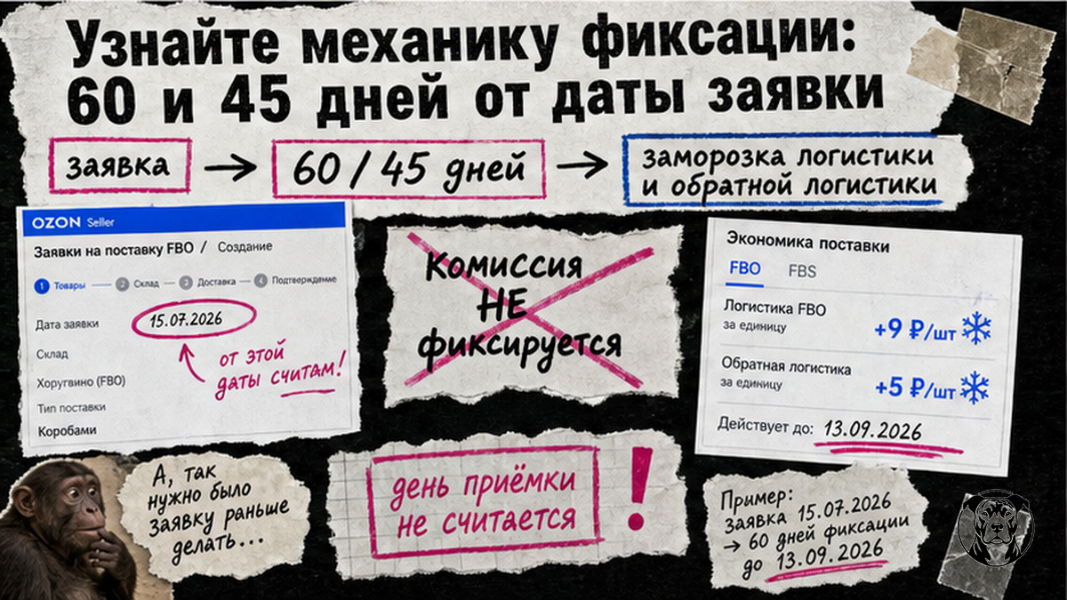 Схема механики фиксации тарифов Ozon FBO: 60 и 45 дней от даты заявки