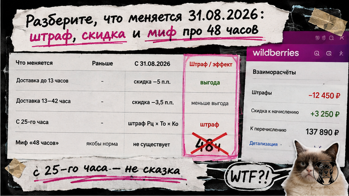 Таблица сравнения штрафа, скидок и мифа про 48 часов FBS Wildberries с 31 августа 2026